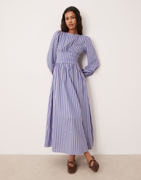 Glamorous cinched waist balloon sleeve maxi dress in orange/blue stripe - view 1