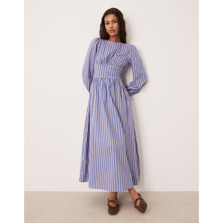 fitted lace wedding dress MEROKEETY Balloon Sleeve Striped Midi Shirt Dress – Merokeety