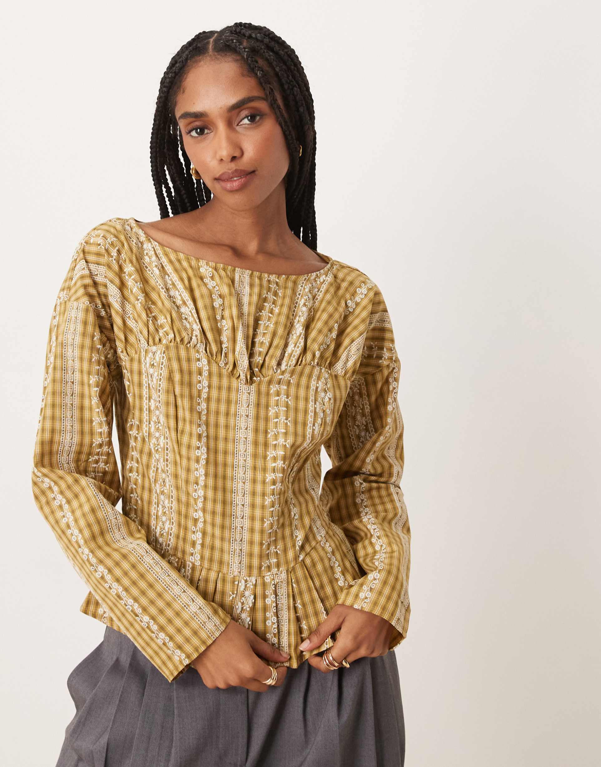 glamorous cinched waist blouse in yellow check