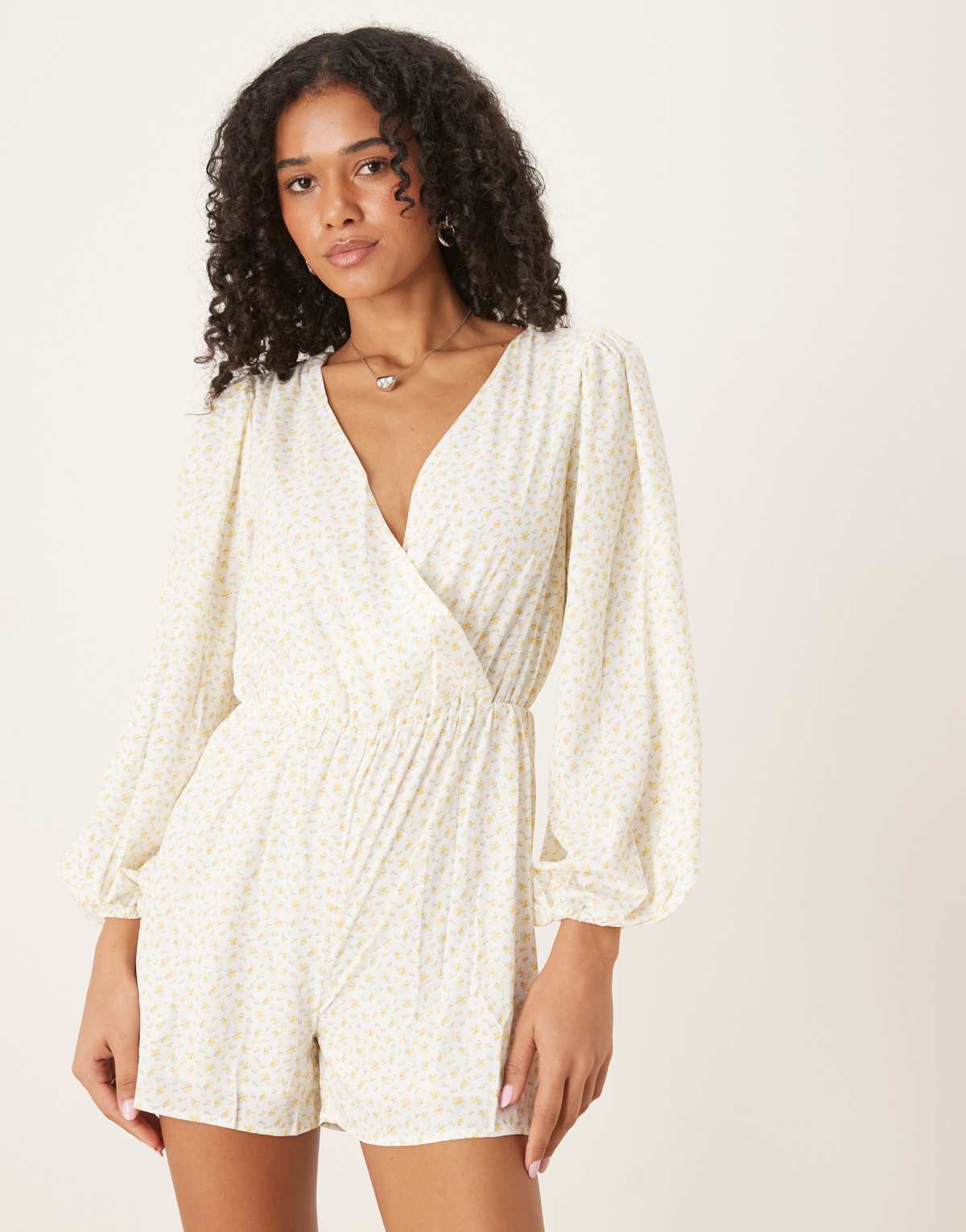 Glamorous Cinched waist long sleeve playsuit in white yellow mini ditsy