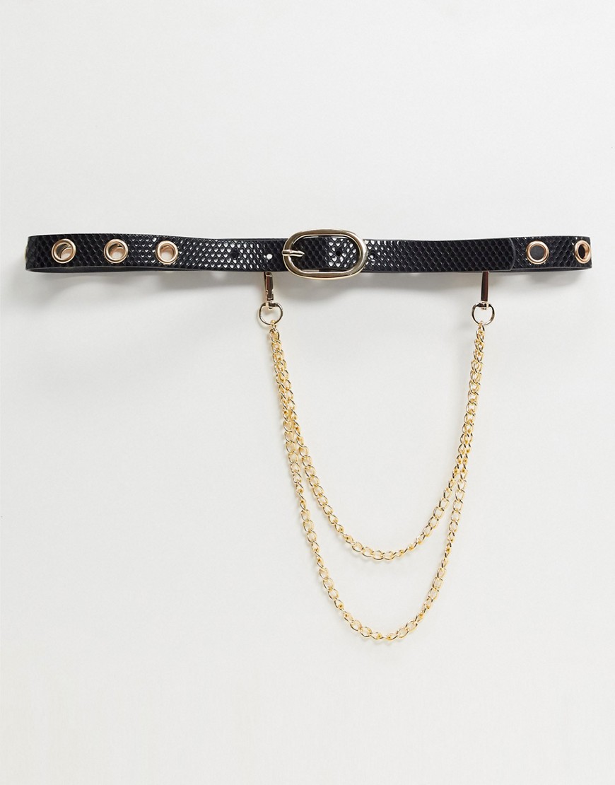 Glamorous - Cintura per fianchi e vita nero pitonato con occhielli e catena oro