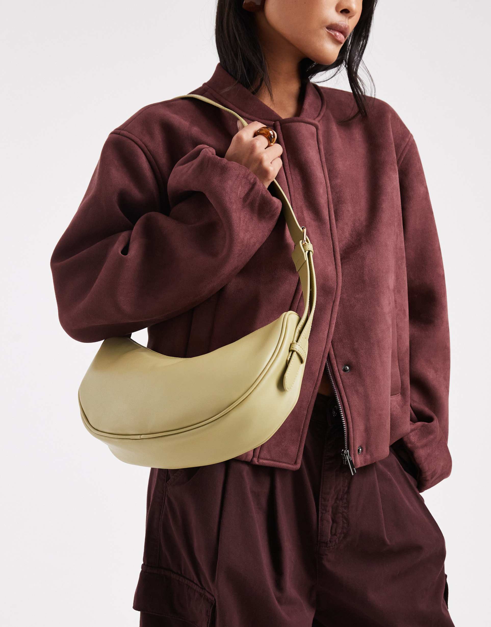 glamorous clean crescent shoulder bag in olive green