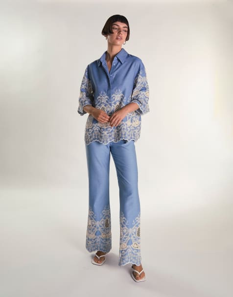Glamorous co ord set in embroidered chambray - view 1