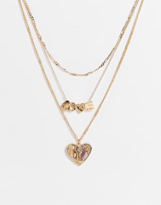 Glamorous - Collana multifilo con scritta love e cuore con heliotropium sintetico, colore oro