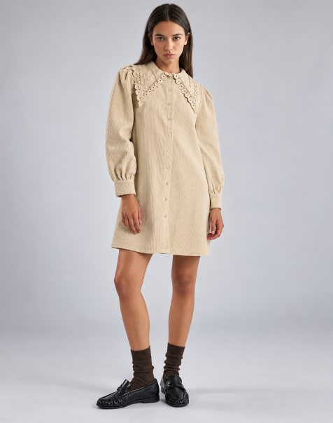 Glamorous Collar button front mini dress in stone corduroy - view 1