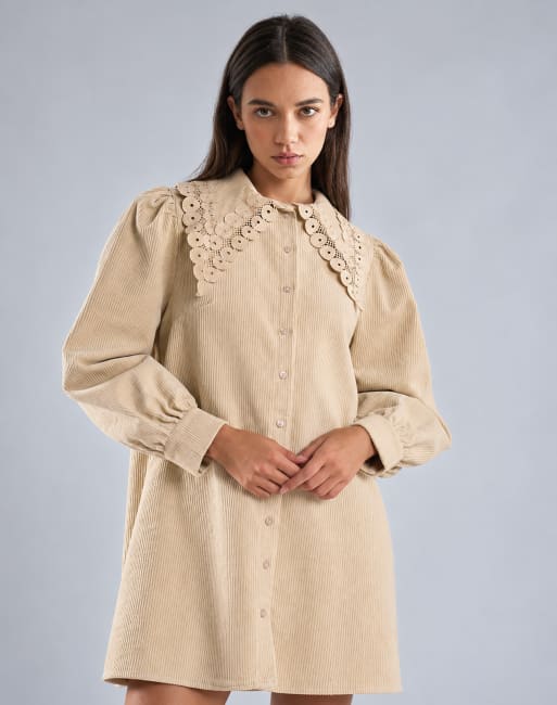 Glamorous Collar button front mini dress in stone corduroy, 2 of 3