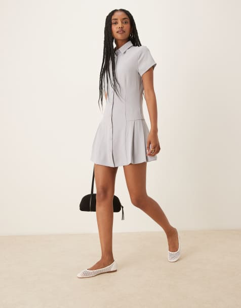 Glamorous collared button down mini dress in school grey - view 1