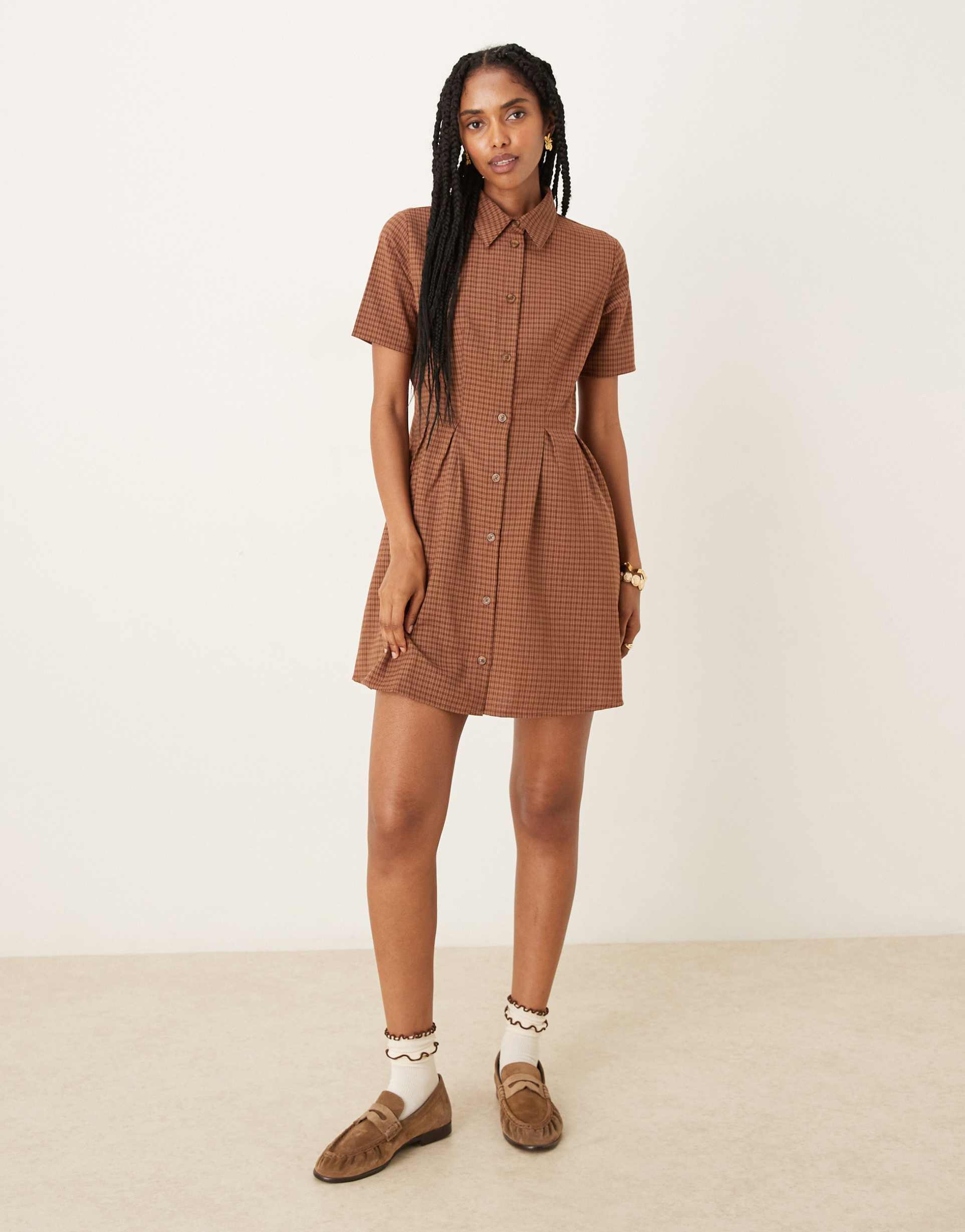 glamorous collared button down mini shirt dress in red brown plaid