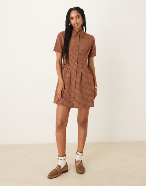 Glamorous collared button down shirt mini dress in red brown check - view 1