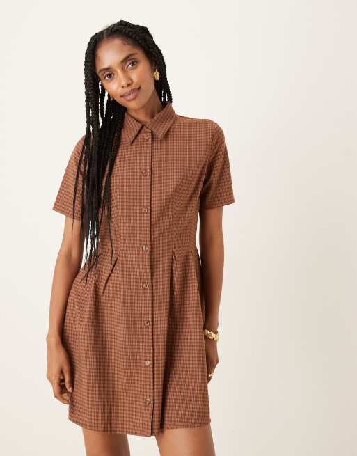 Glamorous collared button down shirt mini dress in red brown check