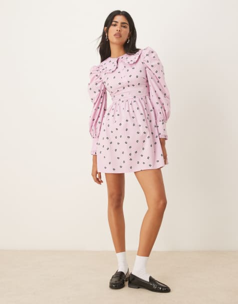 Glamorous Collared button front mini dress in pink ditsy cotton - view 1