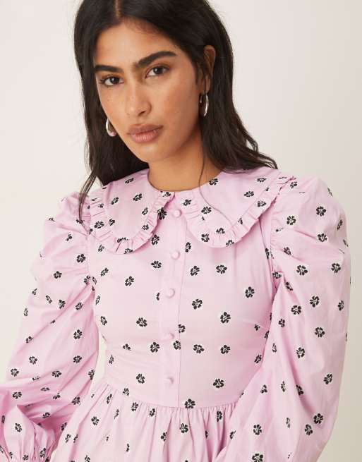 Glamorous Collared button front mini dress in pink ditsy cotton, 3 of 4