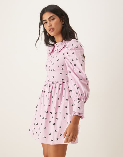Glamorous Collared button front mini dress in pink ditsy cotton, 4 of 4