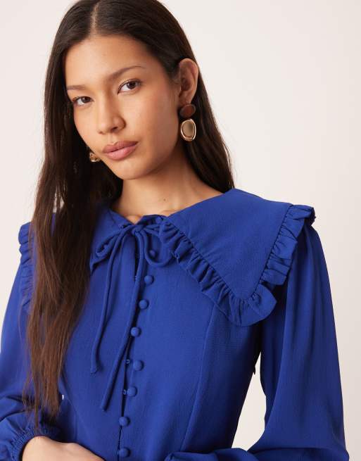 Glamorous Collared long sleeves mini dress in blue, 3 of 4
