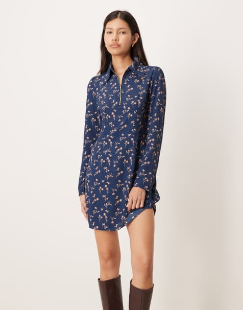 Glamorous Collared long sleeves mini dress in navy peach floral - view 1
