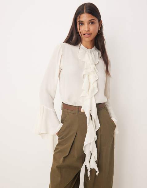 Glamorous Collarless Frill Front Blouse in cream - view 1