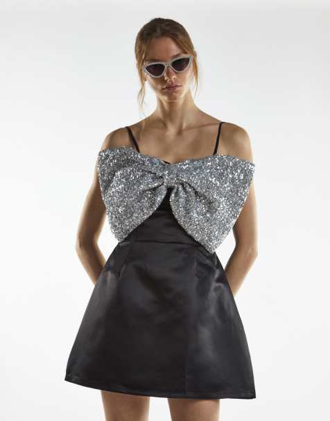 Glamorous Contrast bow mini dress in black silver