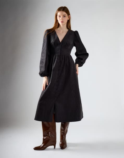 Glamorous Corduroy v-neck midi dress in dark grey corduroy - view 1