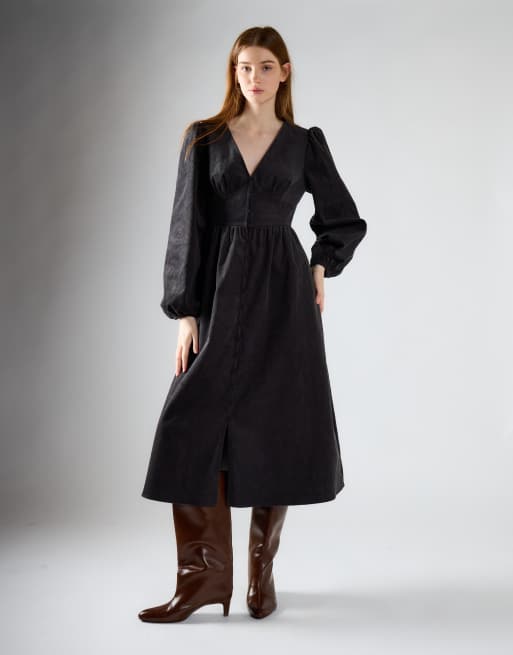 Glamorous Corduroy v-neck midi dress in dark grey corduroy