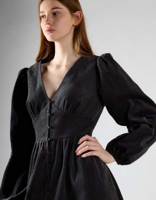 Glamorous Corduroy v-neck midi dress in dark grey corduroy, 3 of 4