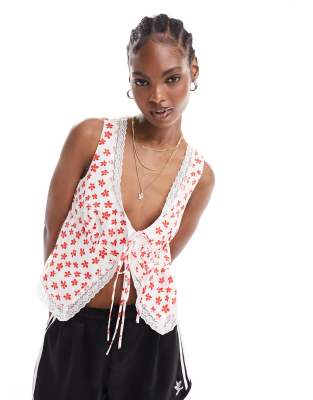 corset detail tie front top with lace trim in red daisy print-White