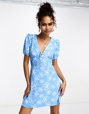 Glamorous corset front puff sleeve mini shift dress in blue scribble - ASOS Price Checker