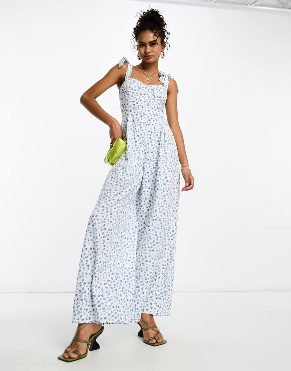 Glamorous corset waist bunny tie jumpsuit in blue bud floral