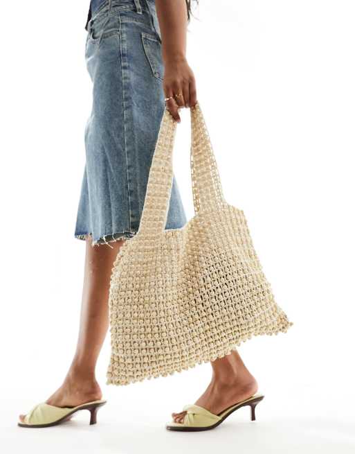 Glamorous - Cremefarvet tote-skuldertaske i hækleri og perler, 3 af 4