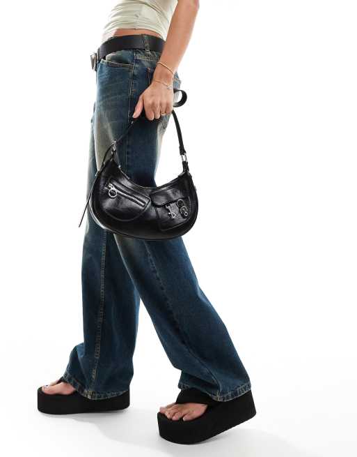 Glamorous crescent shoulder bag with hardware detail in black, 3 of 4