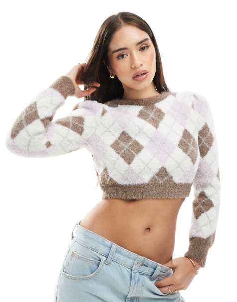 Glamorous crew neck jumper in brown multi argyle