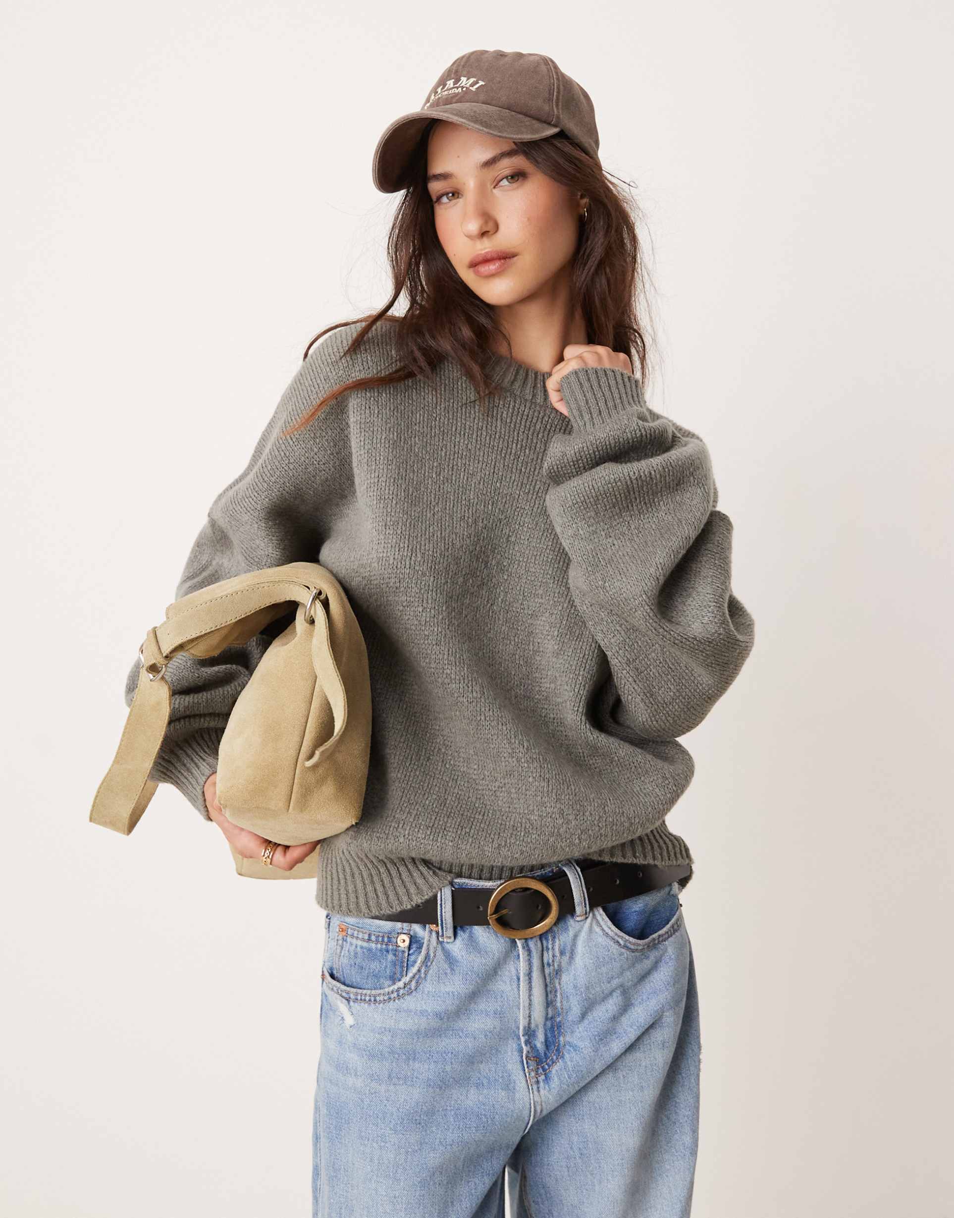 glamorous crew neck relaxed sweater in charcoal