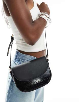 Glamorous croc effect crossbody flap bag in black