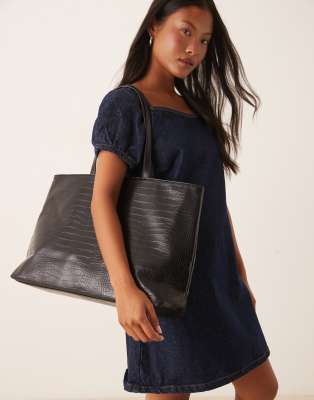 croc effect large tote bag in black