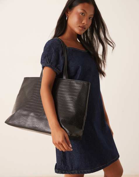 Glamorous croc effect large tote bag in black - view 1