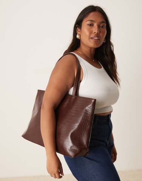 Glamorous croc effect large tote bag in brown - view 1