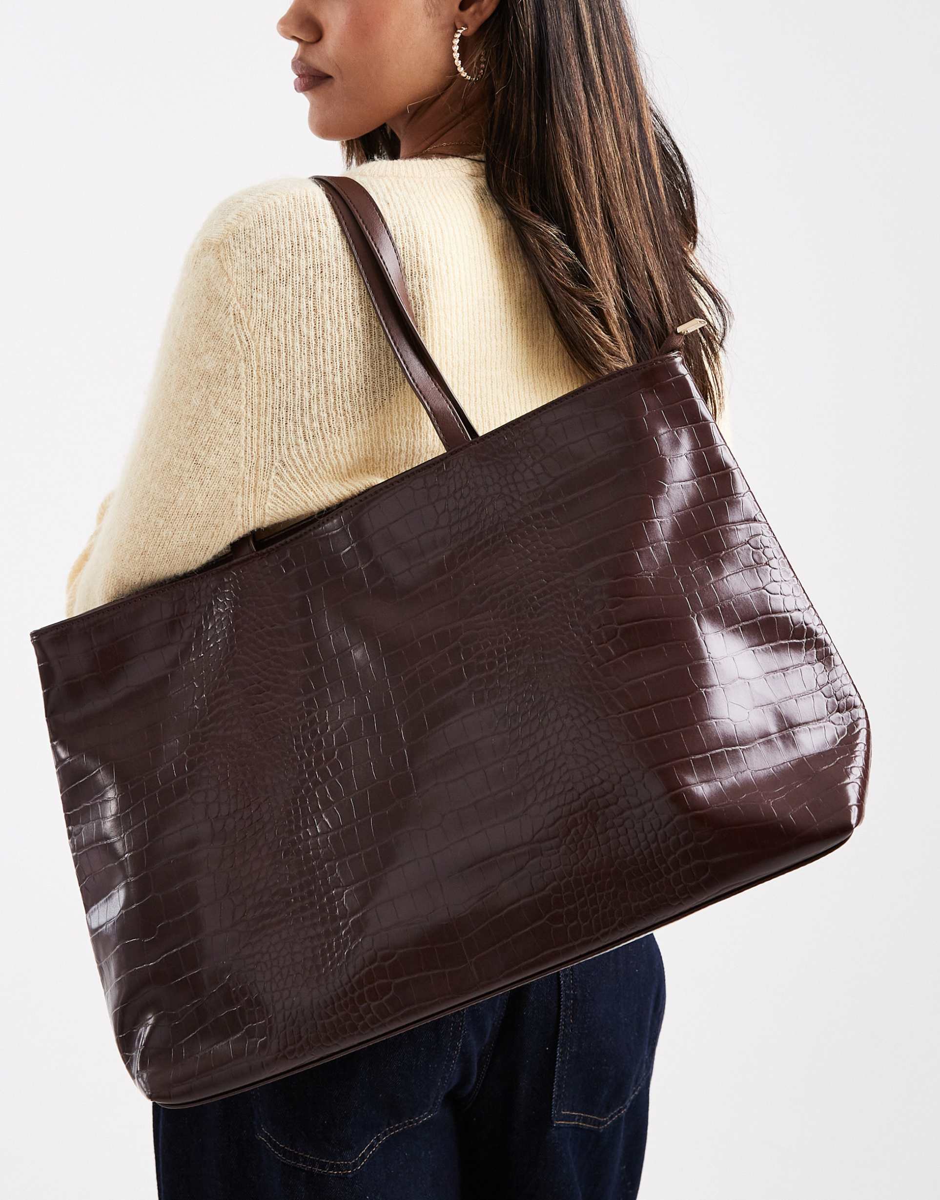glamorous croc effect large tote bag in brown