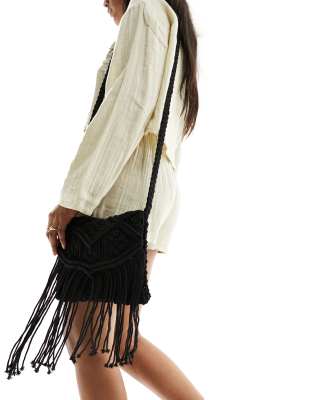 Glamorous crochet tassle shoulder beach bag in black-White