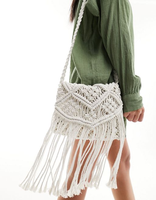 Glamorous crochet tassle shoulder beach bag in white | ASOS