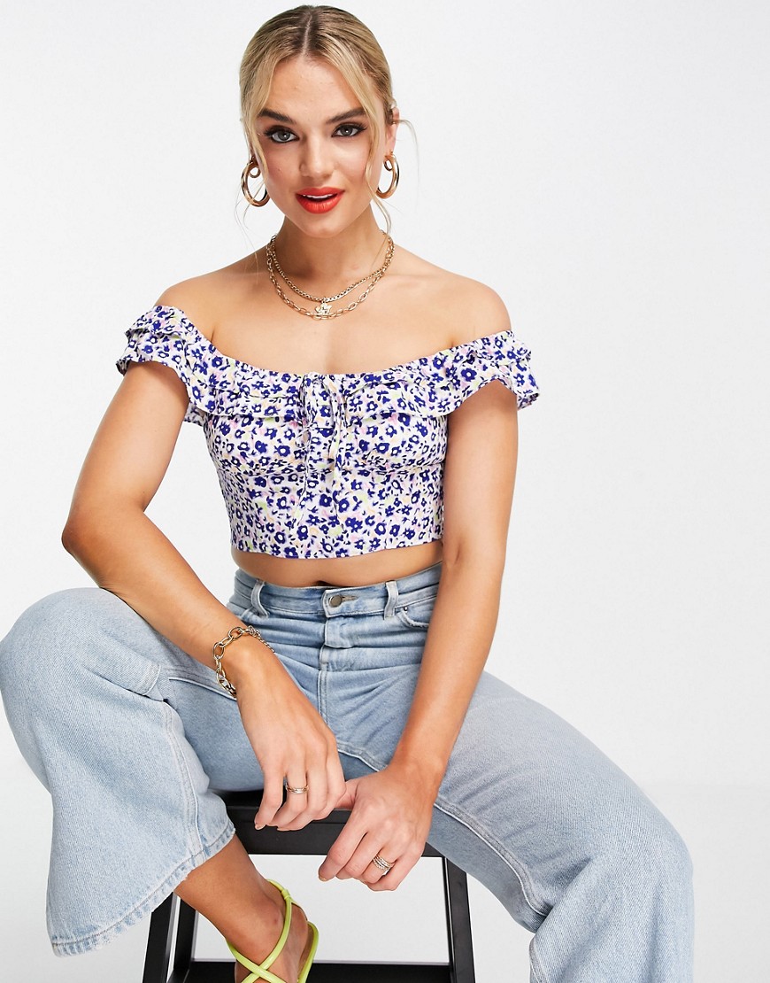 Glamorous crop off shoulder blouse in lilac floral-Purple