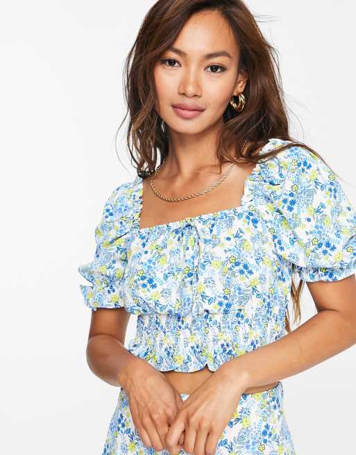 Glamorous - Crop top arricciato a fiori blu in coordinato, 3 di 4