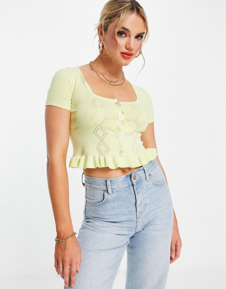 Glamorous crop top in pointelle with frill detail-Green