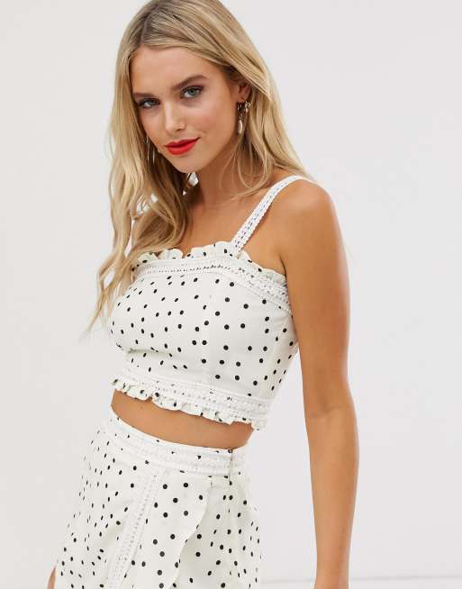 Glamorous crop top with lace trim in scattered polka dot two piece