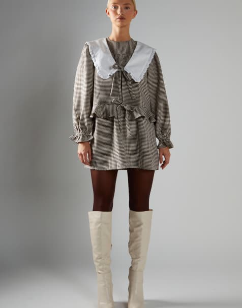 Glamorous Crop top with large ruffle collar in brown gingham white