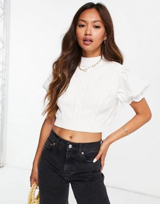 Glamorous cropped knitted top with contrast puff sleeves