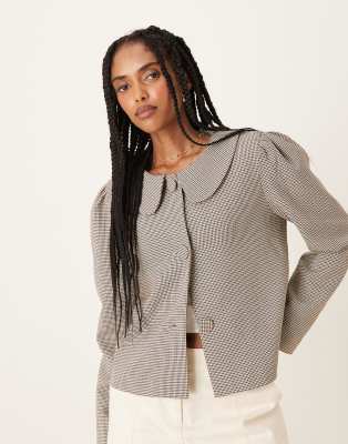 Glamorous - Cropped Mantel im Caban-Stil mit braunem Hahnentrittmuster und lockerem, weitem Schnitt-Bunt