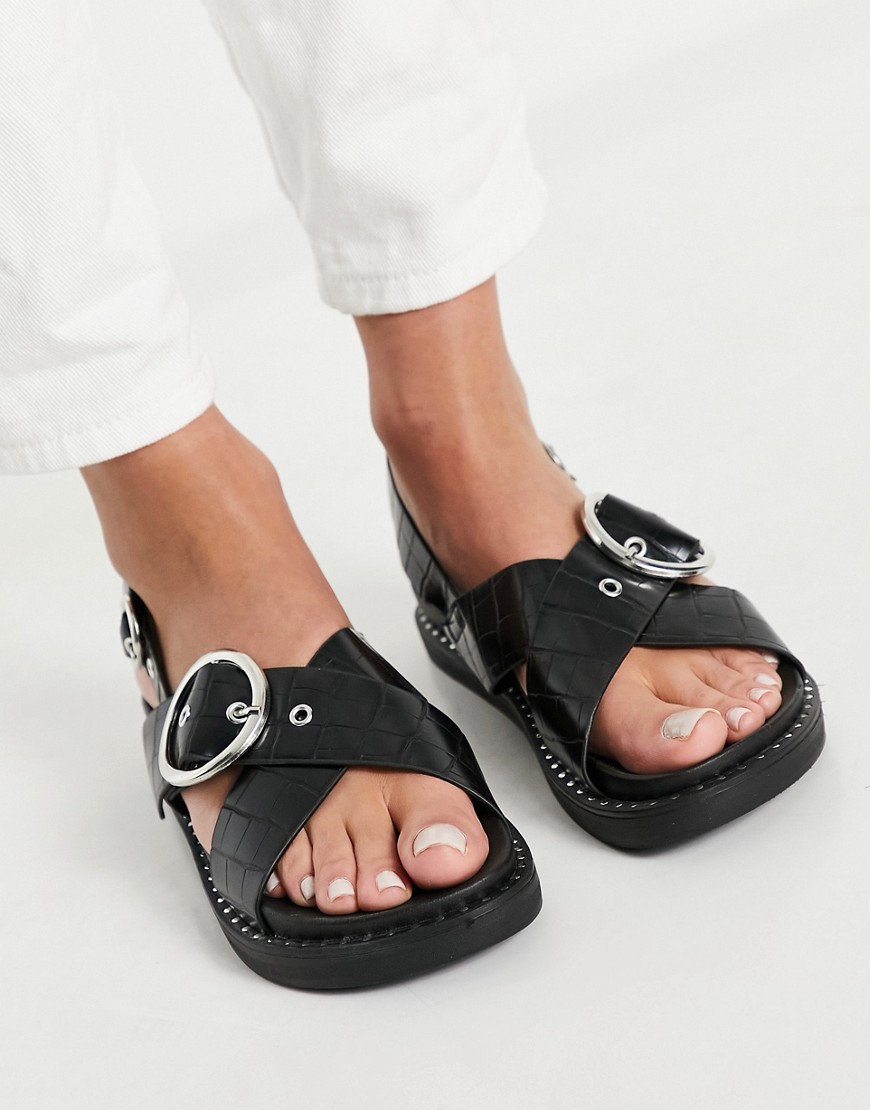Glamorous cross strap chunky sandals in black croc