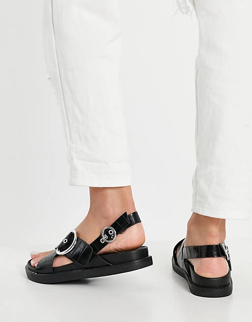  Flat Sandals/Glamorous cross strap chunky sandals in black croc 