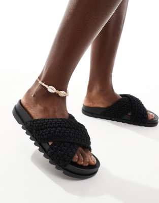 cross strap crochet slides in black