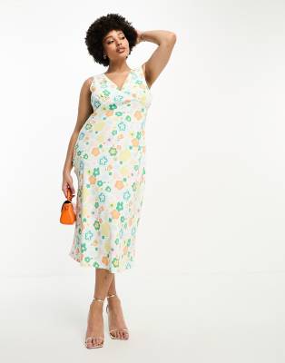 Glamorous Curve Glamorous Curve 90s midi shift dress in retro spring floral-White