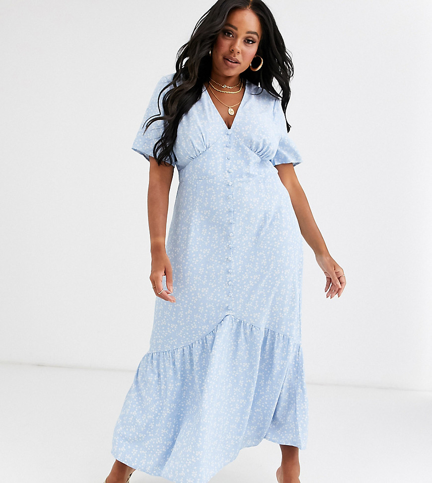 Glamorous Curve - Aangerimpelde midaxi-jurk met met vintage bloemenprint-Blauw